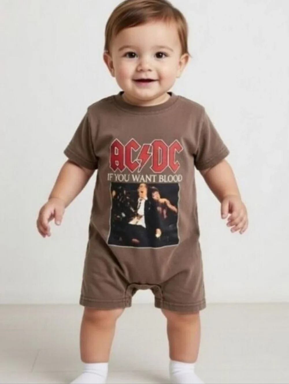 Brown AC/DC Infant Toddler One Piece Shorts Romper
